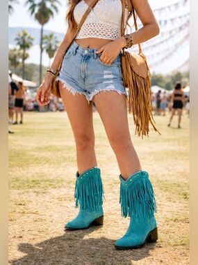 Turquoise Fringe Cowboy Boots Suede Western Sz 7 Festival Cowgirl